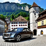 Prompt: Vaduz cityscape, modern buildings juxtaposed with medieval architecture, luxury cars, Liechtenstein National Museum.