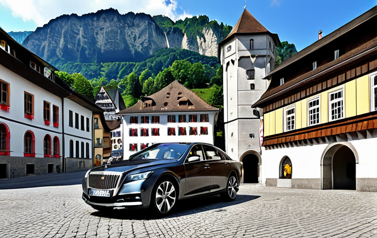 Prompt: Vaduz cityscape, modern buildings juxtaposed with medieval architecture, luxury cars, Liechtenstein National Museum.